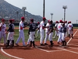 試合開始前に挨拶をする近畿大学とペルー代表チームの選手