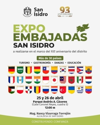 Afiche publicitario de la Expo Embajadas San Isidro con información de fecha, lugar y organizador del evento