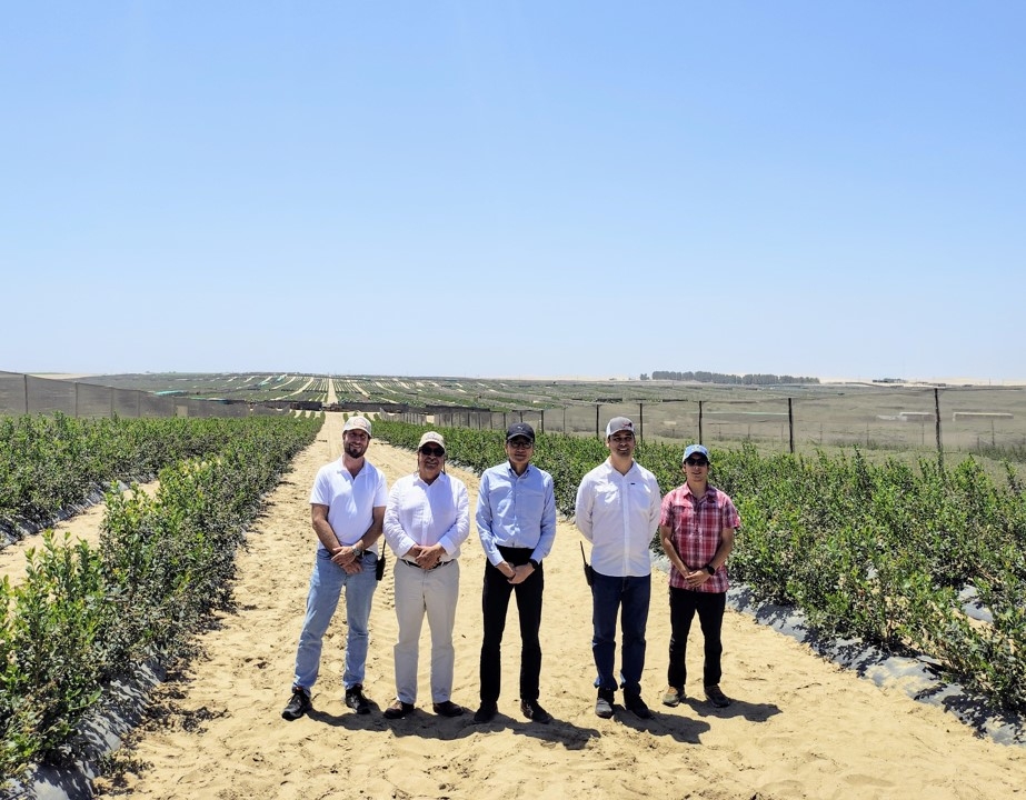 広大なブルーベリー農園で集合写真を撮影する山元大使ほか出席者