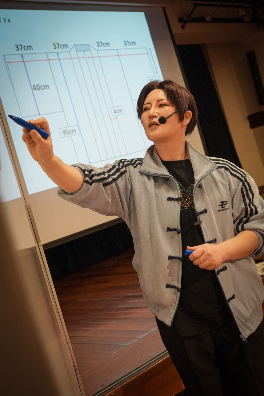日本人コスプレイヤーの有川麗香さんが、ホワイトボードを利用して、羽織の製作に必要な寸法や裁断について詳細に説明している。