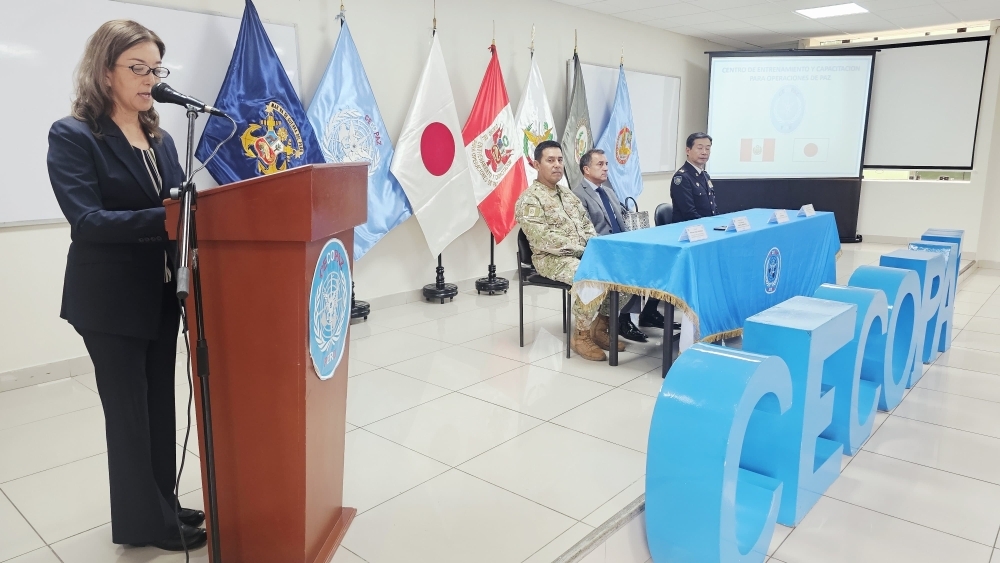 Foto de la consejera FURUKAWA dando unas palabras en la ceremonia de apertura del taller.